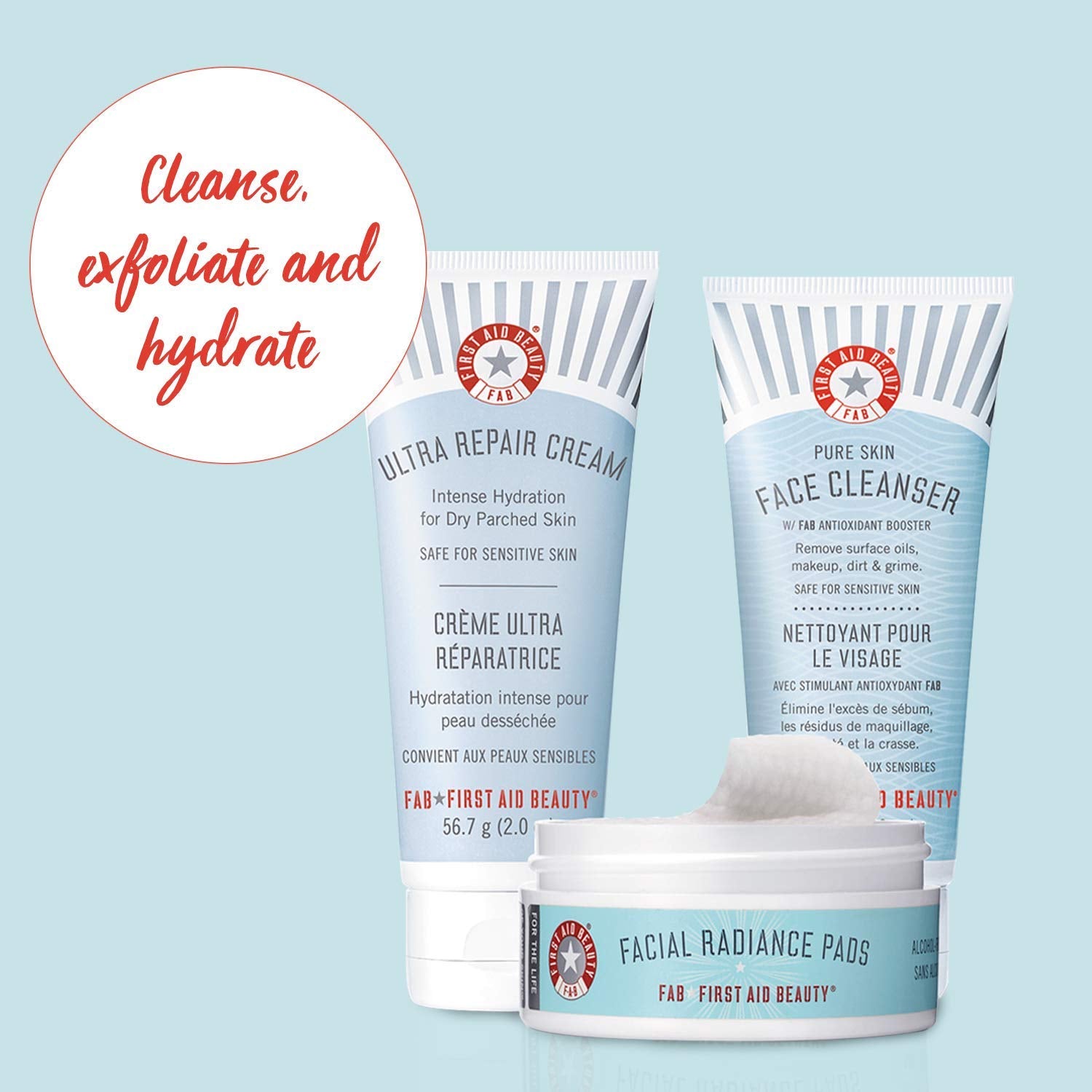 First Aid Beauty Fab Face Faves-Best of skincare cleanse,exfoliate & hydrate kit..
