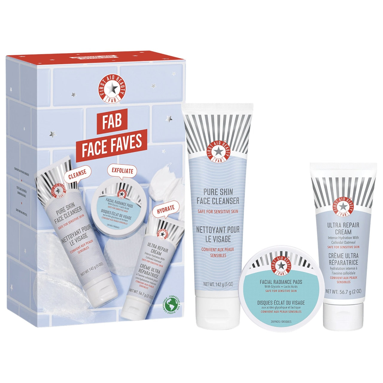 First Aid Beauty Fab Face Faves-Best of skincare cleanse,exfoliate & hydrate kit..