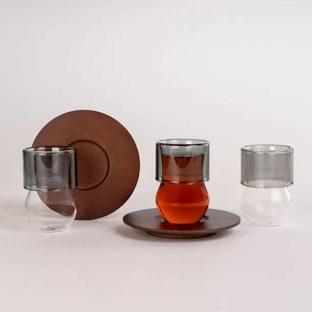 Dallaty  طقم أكواب شاي زجاج وخشب أبيض 12 قطعة