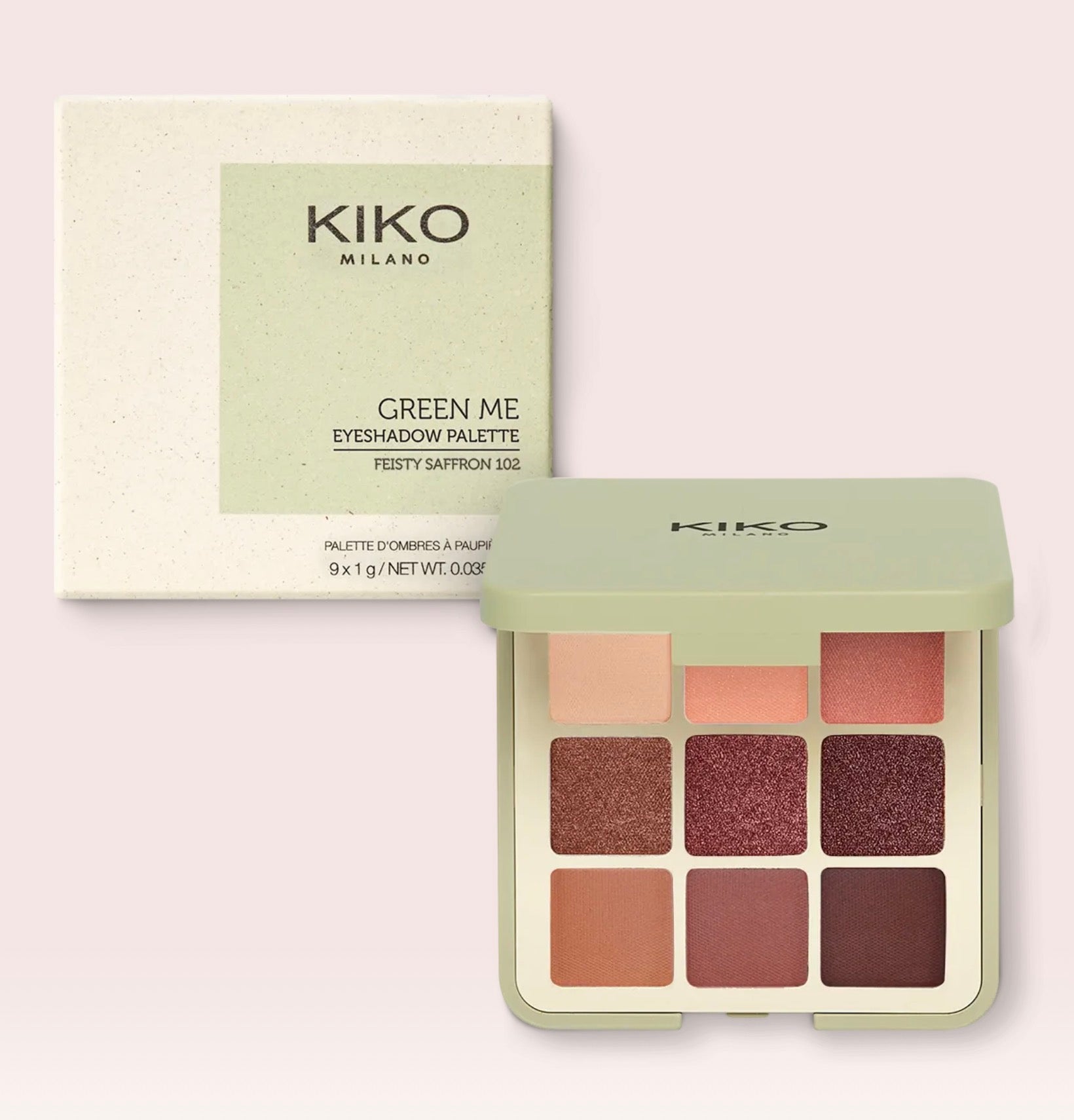 Kiko Green Me Eyeshadow Palette
Palette with 9 multi-finish eyeshadows: matte, pearly and metallic